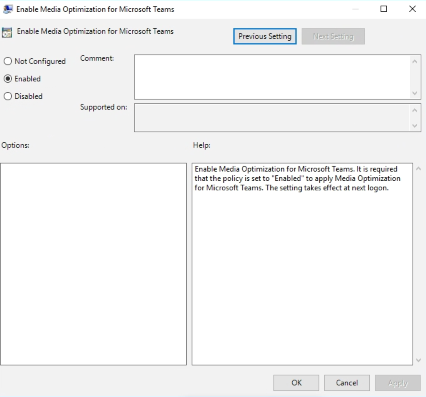 Enable Media Optimization for Microsoft Teams policy setting